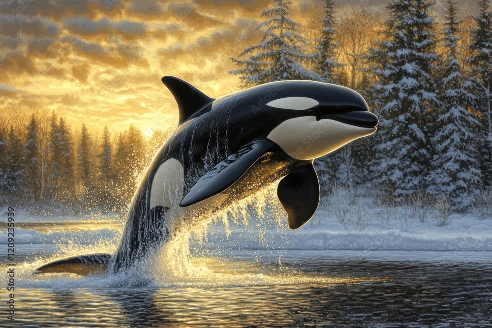 Fototapeta premium Whale Breaching Near Snowy Shore at Golden Hour