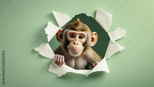 A curious little monkey peeks through a torn paper hole set against a pastel green background, creating a playful and eye-catching scene perfect for vibrant wallpaper or nature-themed designs photo