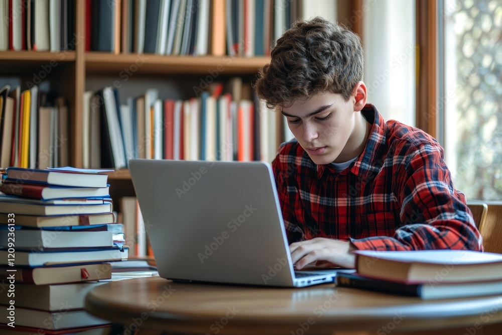 Focused high school student works diligently on homework using a laptop, surrounded by stacks of books in a warm and inviting study space. Natural light streams through the window Focused high school student works diligently on homework using a laptop, surrounded by stacks of books in a warm and inviting study space. Natural light streams through the window