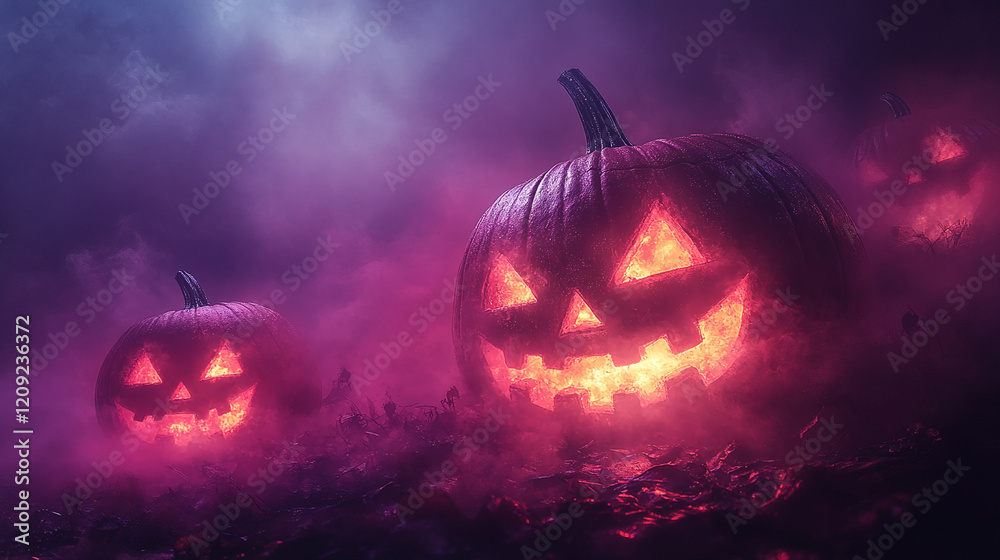 Naklejka premium Glowing pumpkins with carved faces in purple colors Halloween background