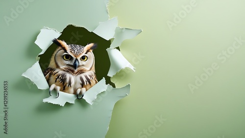 A vibrant and curious owl bird peeks through a torn paper hole set against a pastel green background, creating a playful and eye-catching scene perfect for vibrant wallpaper or nature-themed designs photo