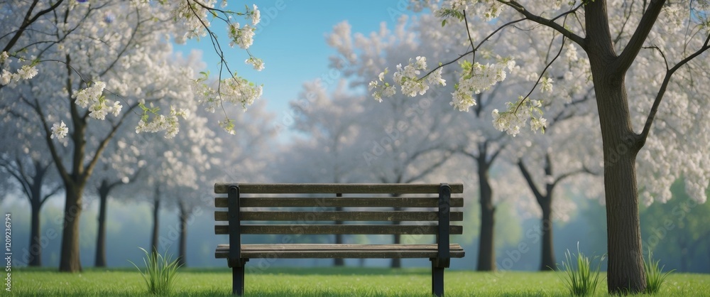 Peaceful Park Bench Under Blooming Dogwood Trees Green Grass. Peaceful Park Bench Under Blooming Dogwood Trees Green Grass.