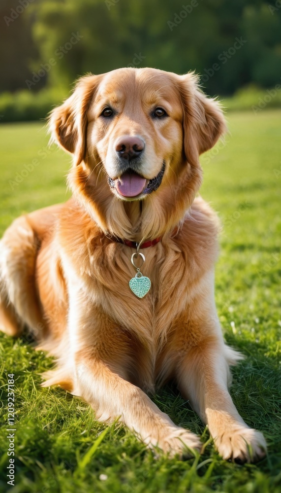 Golden retriever lying on a grassy field during golden hour, its shiny coat glowing in the soft sunlight. A serene and joyful outdoor scene