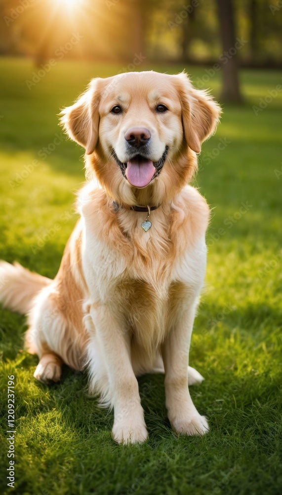 Golden retriever lying on a grassy field during golden hour, its shiny coat glowing in the soft sunlight. A serene and joyful outdoor scene Golden retriever lying on a grassy field during golden hour, its shiny coat glowing in the soft sunlight. A serene and joyful outdoor scene