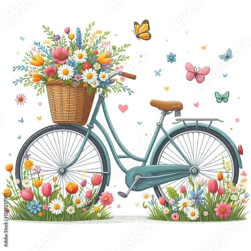 A spring bicycle with a wicker basket on the frame, filled with a colorful assortment of flowers, including daisies, tulips and other wildflowers. Butterflies and hearts are scattered throughout the s photo