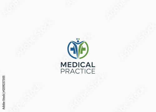 A modern medical logo featuring a circular design with a blue human figure, a green cross symbol, and bold text "MEDICAL PRACTICE" in blue and green tones.