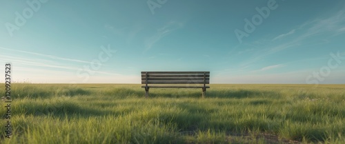 Solitary bench surrounded by grasslands scenic outdoor landscape tranquil atmosphere wide angle view photo