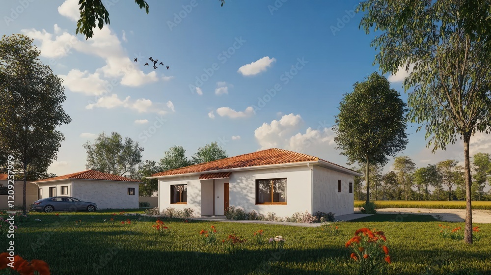 A small white house with a tile roof
