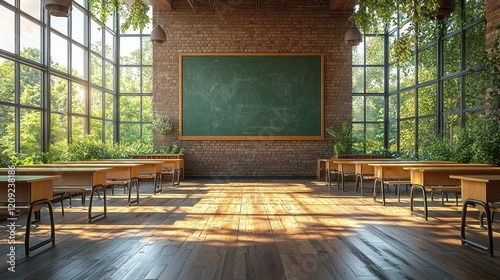 Sunlit classroom with chalkboard, plants, and wooden desks.
