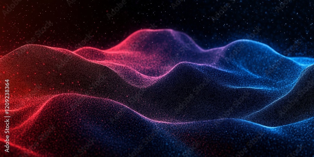 Obraz premium Red blue glowing gradient wave on black grainy texture background, abstract banner, Generative AI