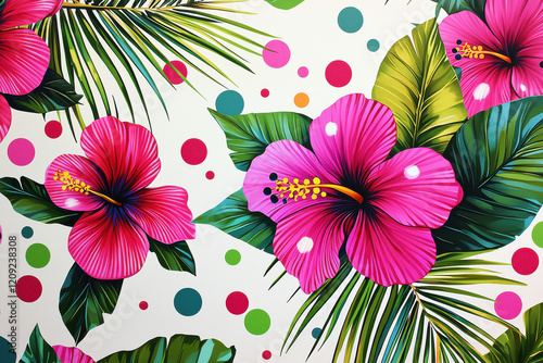 Whimsical tropical pattern featuring vibrant hibiscus flowers and playful polka dots in a lively color palette