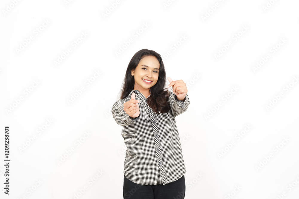 Smile and showing Korean love Finger Of Beautiful Asian Woman Isolated On White Background Smile and showing Korean love Finger Of Beautiful Asian Woman Isolated On White Background