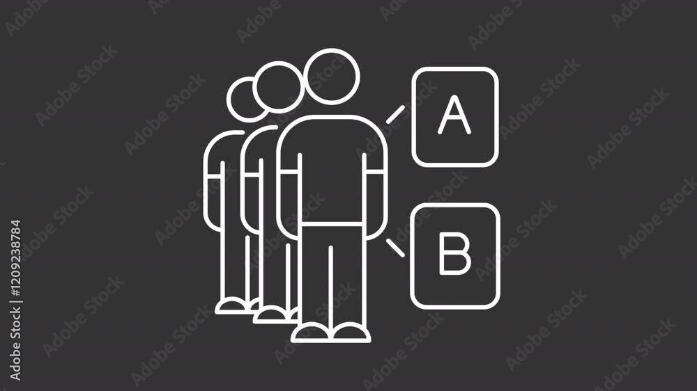 Market audience data white line animation. Social survey animated icon. Shaking heads, hands. Scaling buttons. Isolated illustration on dark background. Transition alpha video. Motion graphic Market audience data white line animation. Social survey animated icon. Shaking heads, hands. Scaling buttons. Isolated illustration on dark background. Transition alpha video. Motion graphic