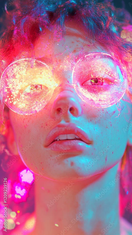 Obraz premium Cyberpunk Glowing Woman Portrait: Neon Lights and Vivid Colors