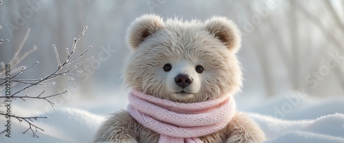 Cute fluffy bear with a knitted scarf in a winter wonderland setting photo