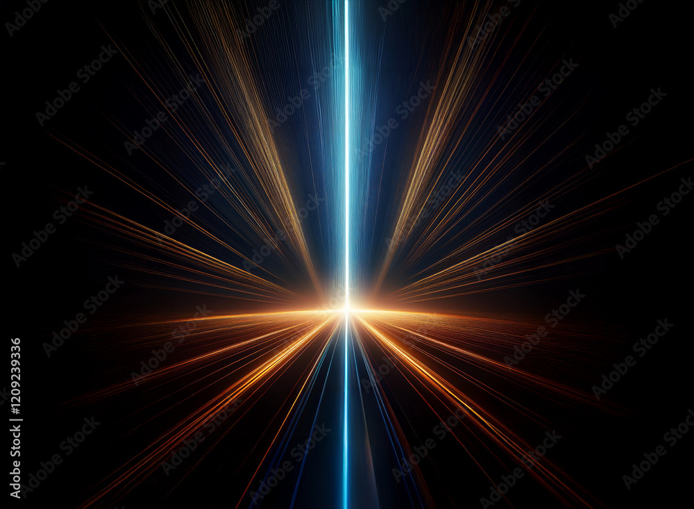 Obraz premium A vibrant, central beam of light, blue and white, bursts forth from a radiant core, splitting golden-brown rays that stream outward into a dark, infinite expanse. A sense of speed and energy is conv