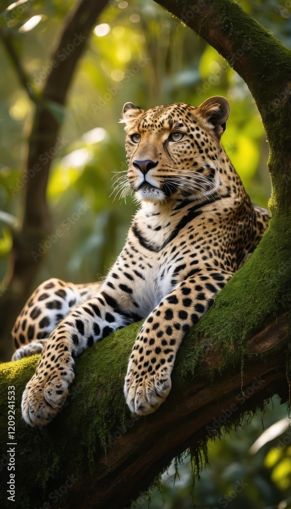 Elegant leopard perched on a mossy branch amidst dense green foliage, exuding confidence and strength. Capturing the wild spirit of nature Elegant leopard perched on a mossy branch amidst dense green foliage, exuding confidence and strength. Capturing the wild spirit of nature