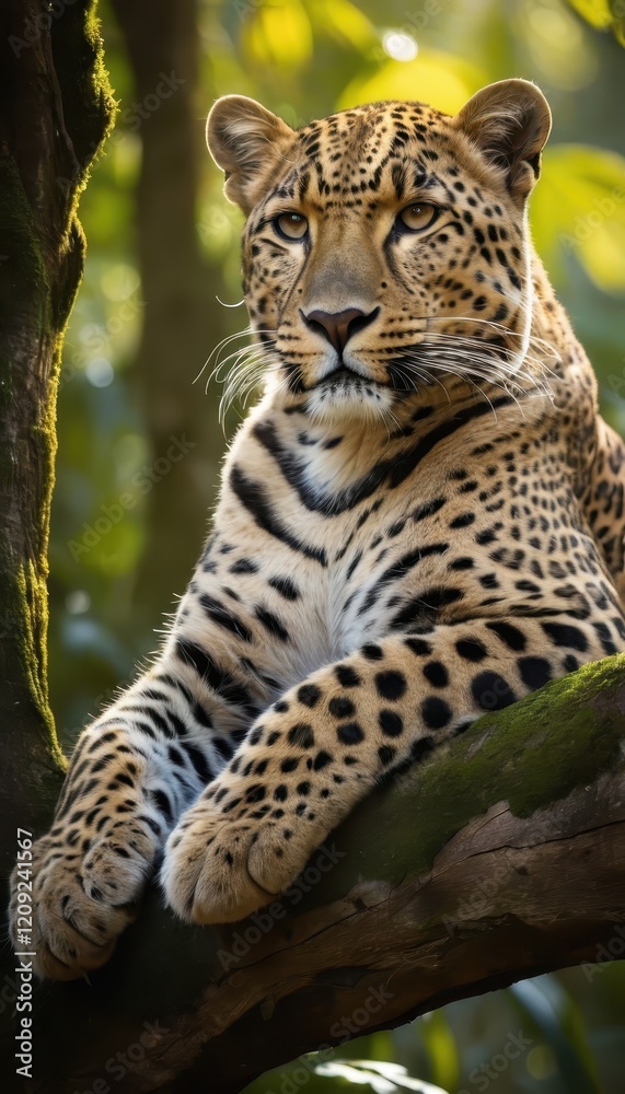 Obraz premium Majestic leopard resting gracefully on a tree branch in the heart of a lush jungle, illuminated by soft sunlight. A stunning portrait of wildlife beauty