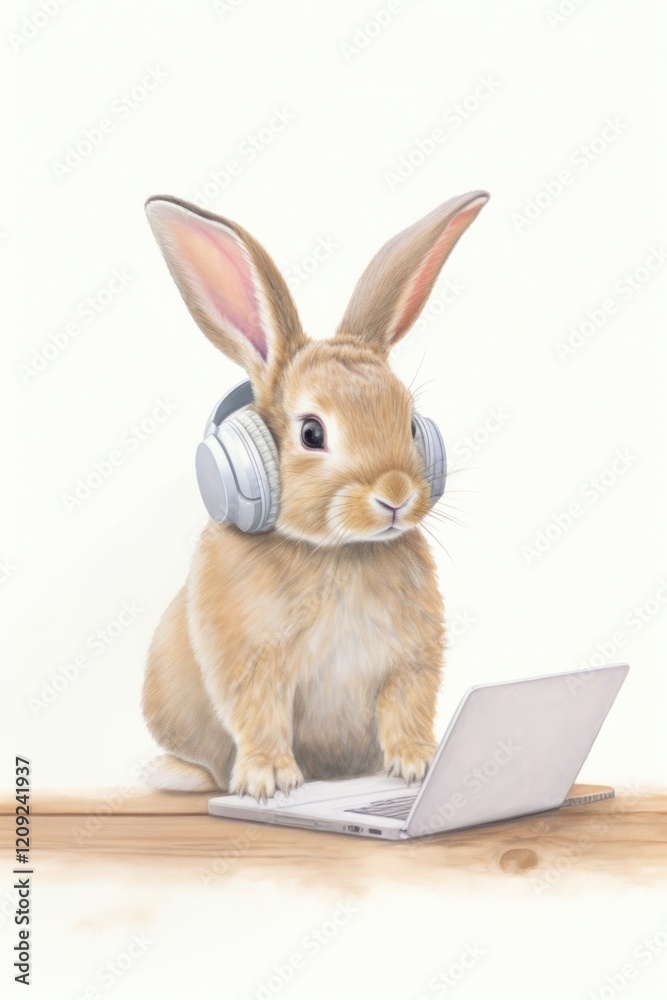 Obraz premium Pretty rabbit student laptop headphones computer