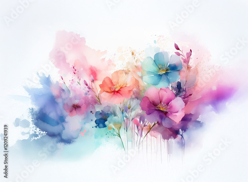 A vibrant watercolor painting of pastel flowers in a loose, impressionistic style.  The colors blend beautifully, creating a dreamy, ethereal effect.