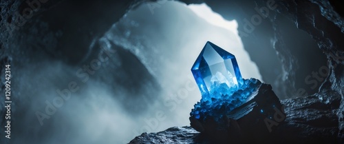 Glowing blue crystal shard in black rock with mist in cave