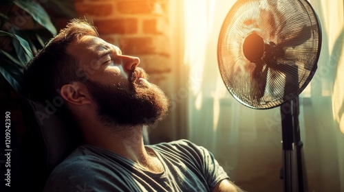 38.A man with a beard sitting in a sunlit room, visibly sweating and leaning towards a spinning electric fan for relief, his posture showing discomfort from the oppressive heat.