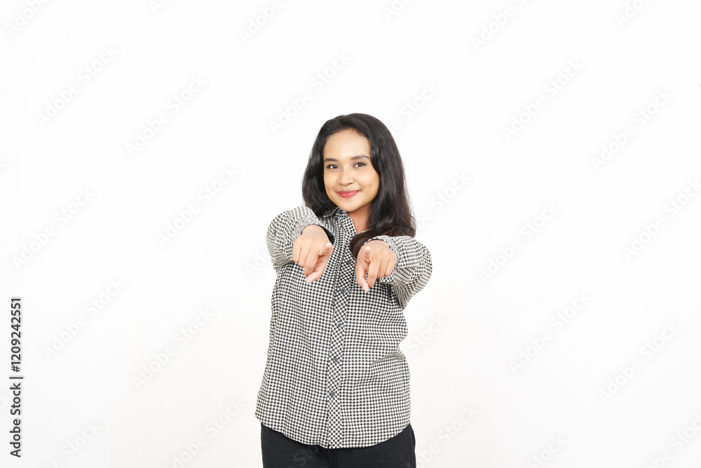 Smiling and Pointing at you, Want You Gesture Of Beautiful Asian Woman Isolated On White Background Smiling and Pointing at you, Want You Gesture Of Beautiful Asian Woman Isolated On White Background