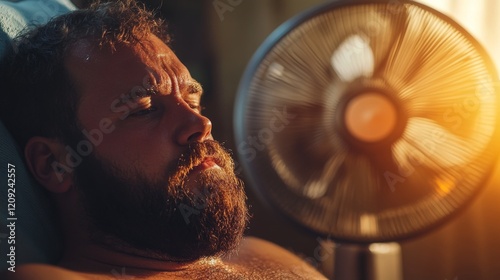 40.A man with a tired expression sitting in his living room during a hot summer day, his beard slightly damp from sweat, as an electric fan works hard to provide a semblance of cooling.