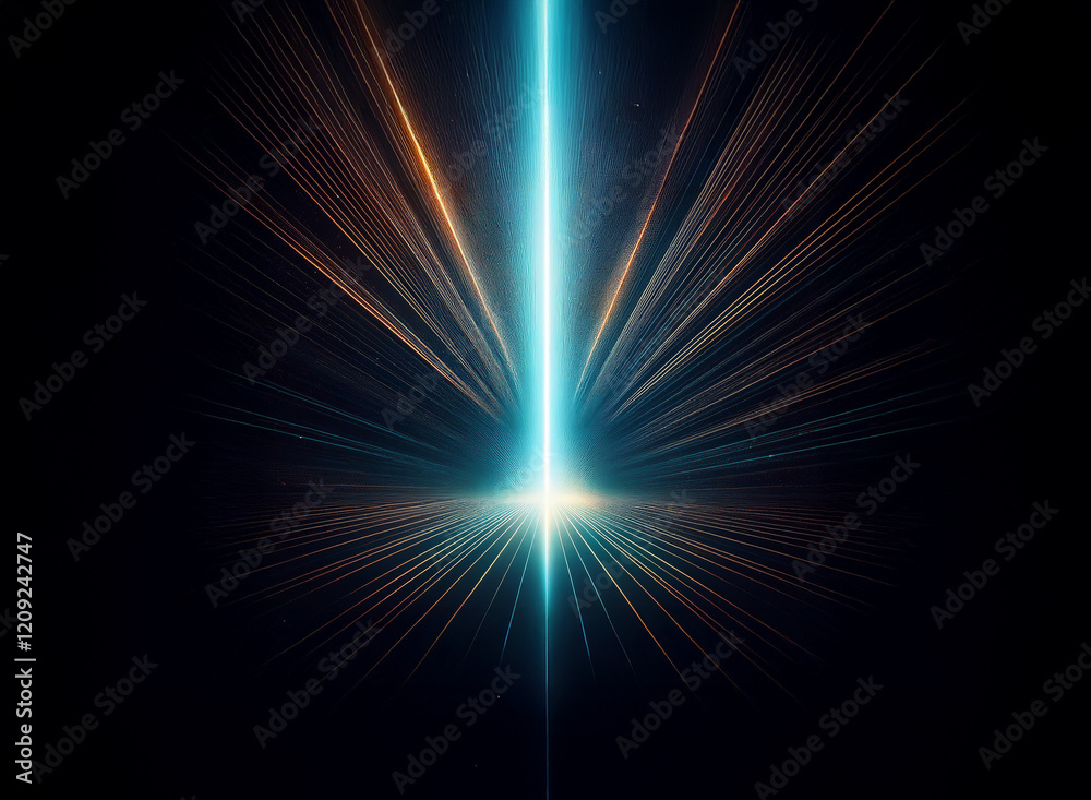 Fototapeta premium A vibrant, cyan beam of light pierces the darkness, radiating outwards in a starburst pattern with warm brown accents. The light source creates a bright, glowing point at its base.