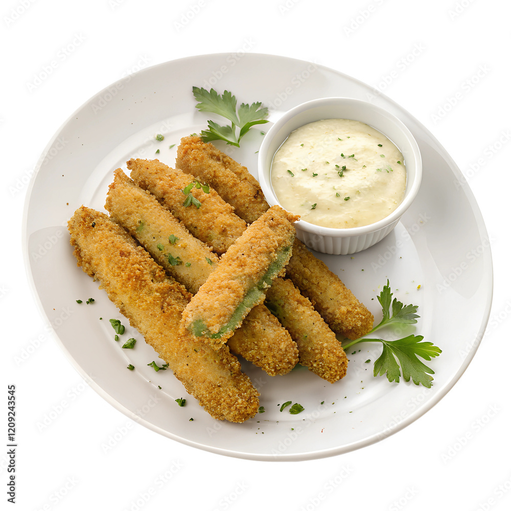 A serving of breaded and fried pickle spears with ranch dipping sauce, isolated on a transparent background A serving of breaded and fried pickle spears with ranch dipping sauce, isolated on a transparent background