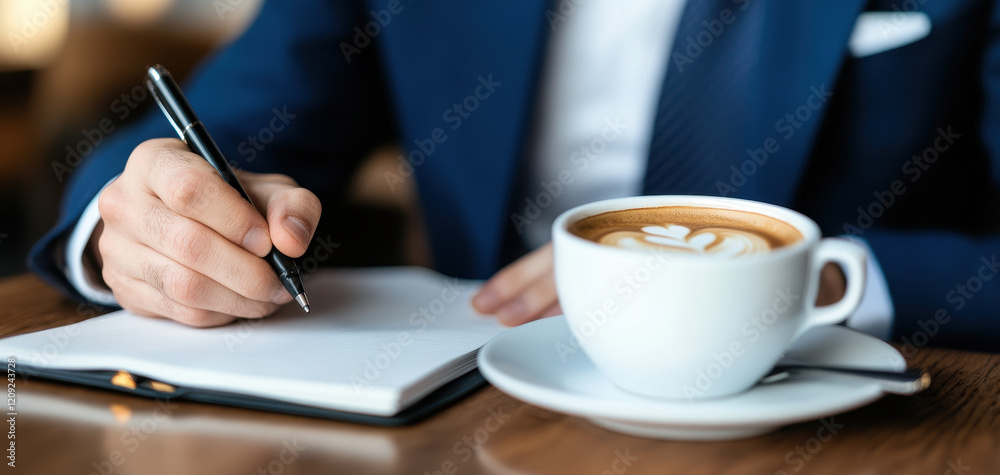 focused journalist writing notes in cozy cafe while enjoying cup of coffee. warm atmosphere enhances creativity and productivity focused journalist writing notes in cozy cafe while enjoying cup of coffee. warm atmosphere enhances creativity and productivity