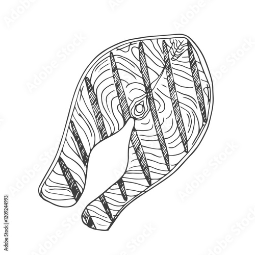 Vector illustration of grilled red fish steak. Linear trout steak. Hatch. Hand drawing. for cafes, restaurants, menus. Salmon, chum salmon, trout. Illustration on a white isolated background