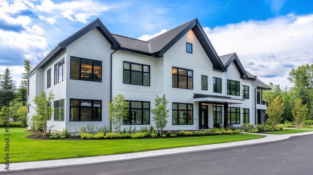 Contemporary Two-Story House Design with Green Landscape and Sky Contemporary Two-Story House Design with Green Landscape and Sky