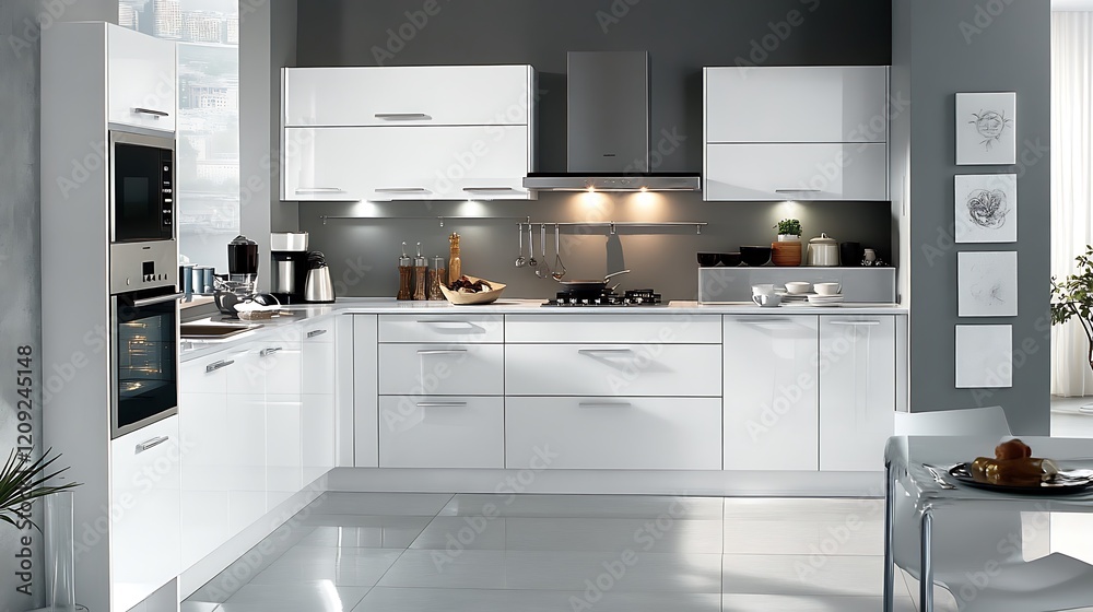 Fototapeta premium Sunlit Modern Kitchen: A Serene Morning