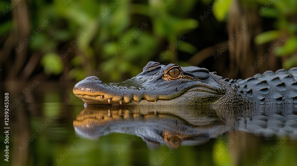 Fototapeta premium alligator in calm water with green plants surrounds it looks tranquil and peaceful near water