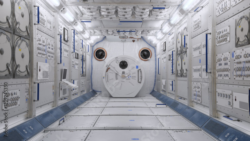 Fototapeta Naklejka Na Ścianę i Meble -  3D rendered illustration of a modern space station interior. Features a long, narrow corridor with detailed panels, a sealed door, and a clean, futuristic design. Ideal for science fiction, technology