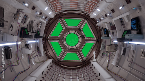 Fototapeta Naklejka Na Ścianę i Meble -  3d rendering of  SciFi Spaceship Corridor in 8k, shuttle interior based on the cupola space station ISS International space station.window to earth view , 3d rendering