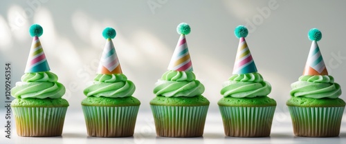 Festive Green Cupcakes with Whimsical Party Hats for Celebrations.