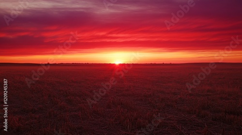 72.A dramatic view of a dry, barren field under a vivid red sunset, the horizon glowing as the sun dips low, highlighting the severity of drought conditions. photo