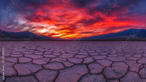 73.A panoramic shot of cracked, arid ground extending to the horizon, bathed in the fiery hues of a red sunset that casts long, stark shadows.