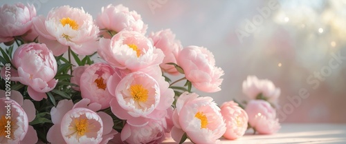 Lush pink peony flowers with delicate petals and bright yellow centers arranged beautifully on a pastel background photo