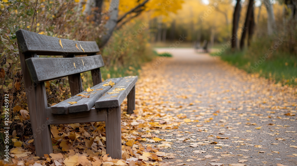 Wooden bench along tranquil path, leaves scattered on ground with tree providing shade, creating serene scene Wooden bench along tranquil path, leaves scattered on ground with tree providing shade, creating serene scene