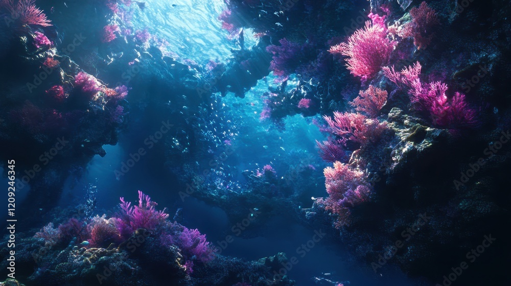 Fototapeta premium Underwater Coral Reef Cave: Sunbeams Illuminate Vibrant Marine Life