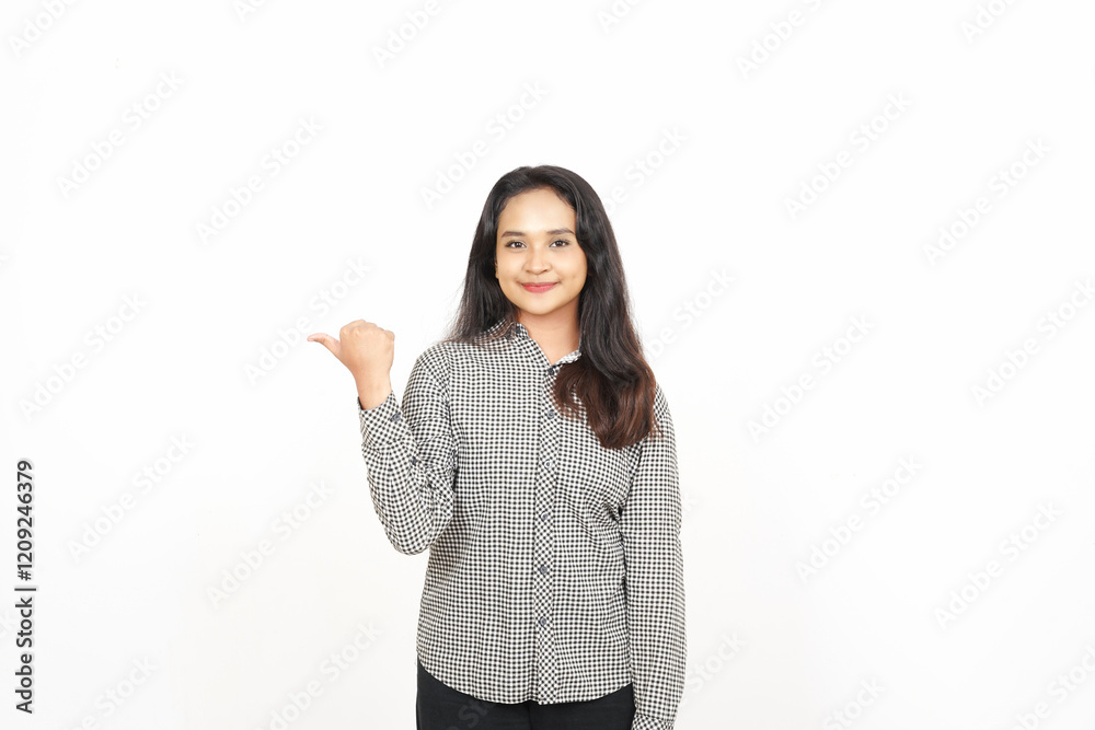 Pointing to the Side using thumb Of Beautiful Asian Woman Isolated On White Background Pointing to the Side using thumb Of Beautiful Asian Woman Isolated On White Background