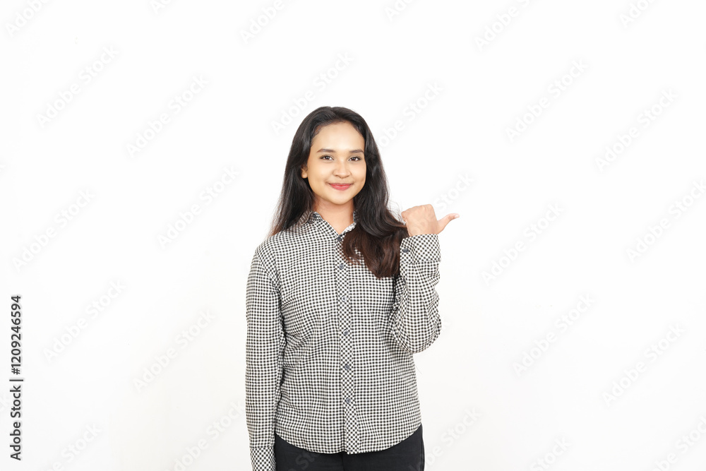 Pointing to the Side using thumb Of Beautiful Asian Woman Isolated On White Background Pointing to the Side using thumb Of Beautiful Asian Woman Isolated On White Background