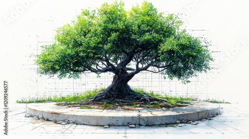 Lush green bonsai tree on a circular stone base, with visible sketched outlines. photo