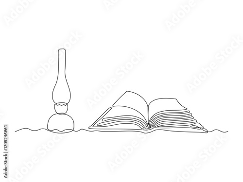 An antique kerosene lamp and an open book, continuous single one line art hand drawing sketch logo