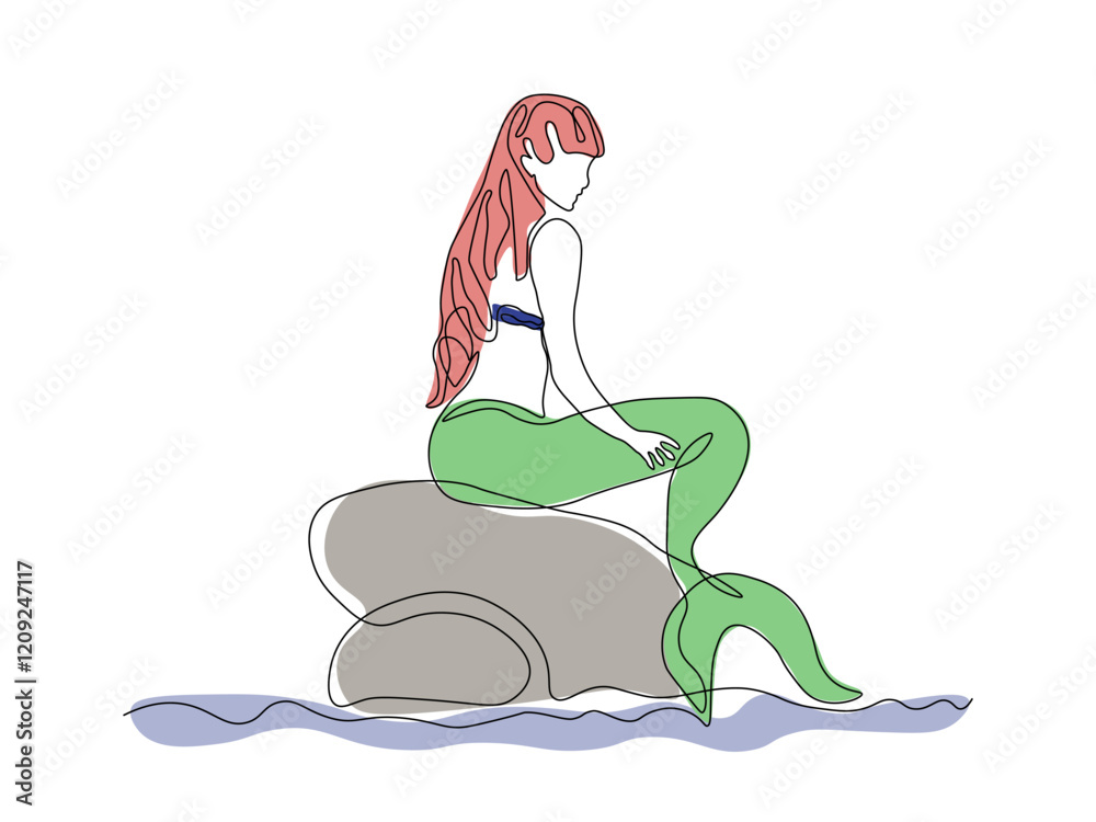 Abstract mythical mermaid, continuous single one line art hand drawing sketch logo Abstract mythical mermaid, continuous single one line art hand drawing sketch logo