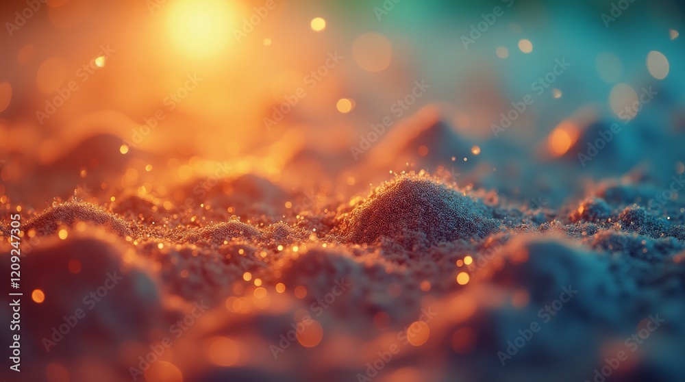 Fototapeta premium Glittering sand with soft bokeh lights at sunset, creating a magical and serene atmosphere