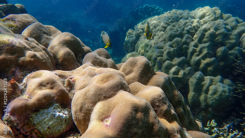 Vibrant coral reef scene with a pair of Oval butterflyfish (Chaetodon lunulatus) swimming over hard and dead corals, surrounded by clear blue water Vibrant coral reef scene with a pair of Oval butterflyfish (Chaetodon lunulatus) swimming over hard and dead corals, surrounded by clear blue water